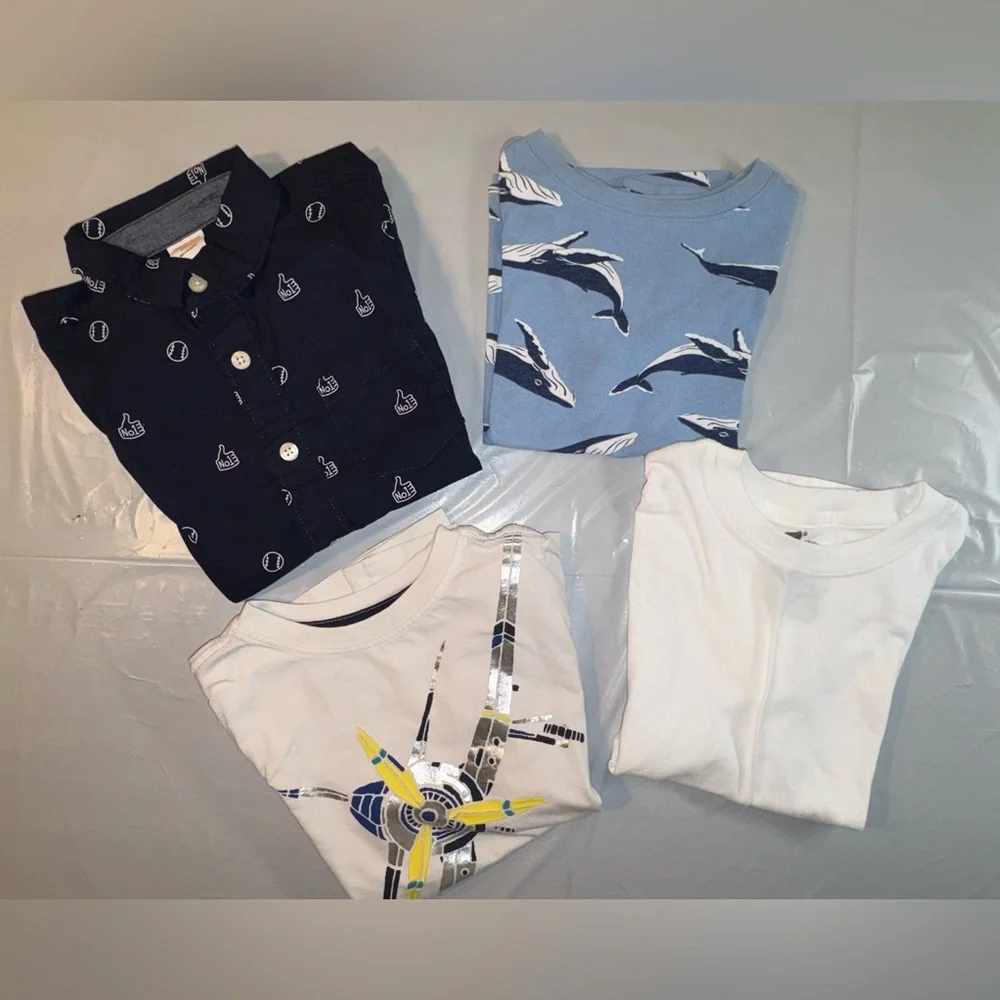 EUC/GUC Bundle of 4 Shirts: Button-Down Shirt & Whales, Plane, Plain Tees